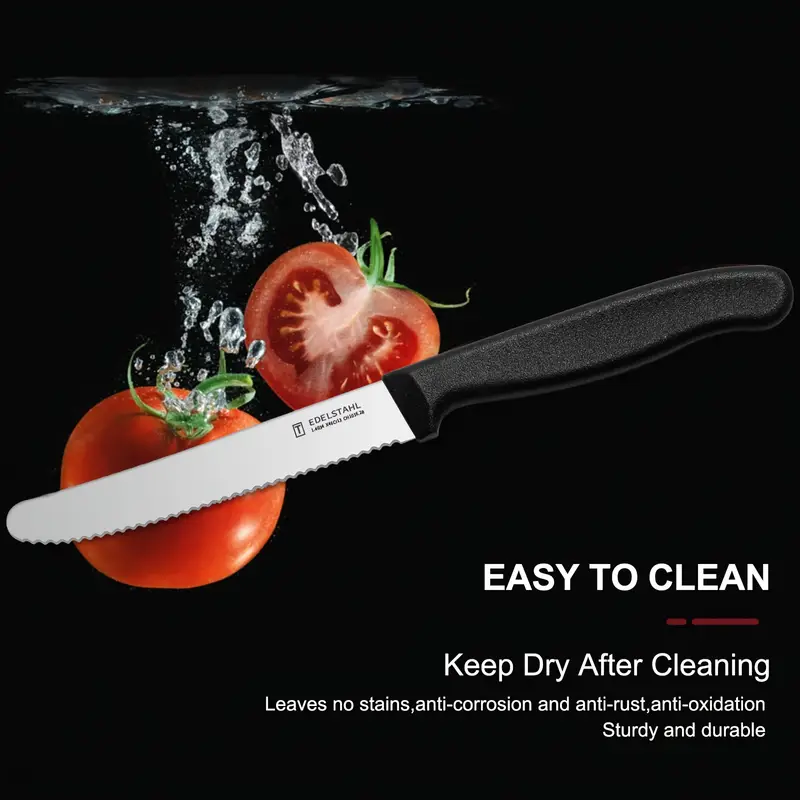 12-Piece Tomato Knife, Snack Knife, Sharp Blade, Corrugated Cut, Breakfast Knife, High Quality Stainless Steel Table Knife, Durable Bread Knife, Sharp Knife, Dishwasher Safe(Black handle)