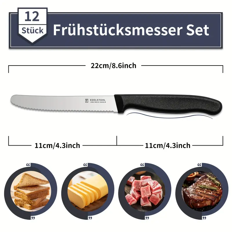 12-Piece Tomato Knife, Snack Knife, Sharp Blade, Corrugated Cut, Breakfast Knife, High Quality Stainless Steel Table Knife, Durable Bread Knife, Sharp Knife, Dishwasher Safe(Black handle)